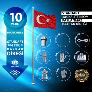 10 Metre Paslanmaz Krom Standart Bayrak Direği