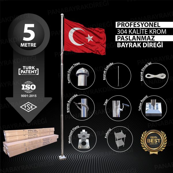 5 Metre Paslanmaz Krom Profesyonel Bayrak Direği