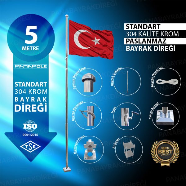 5 Metre Paslanmaz Krom Standart Bayrak Direği