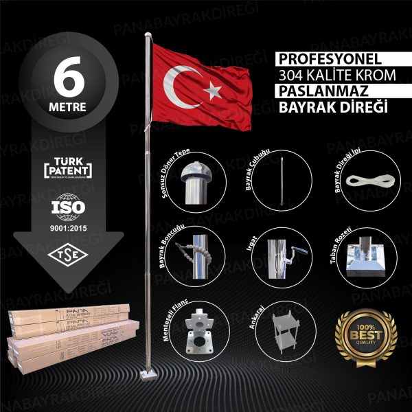 6 Metre Paslanmaz Krom Profesyonel Bayrak Direği