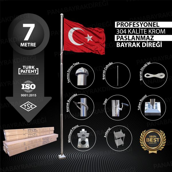 7 Metre Paslanmaz Krom Profesyonel Bayrak Direği