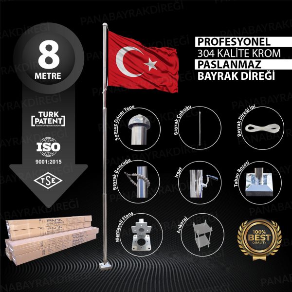 8 Metre Paslanmaz Krom Profesyonel Bayrak Direği