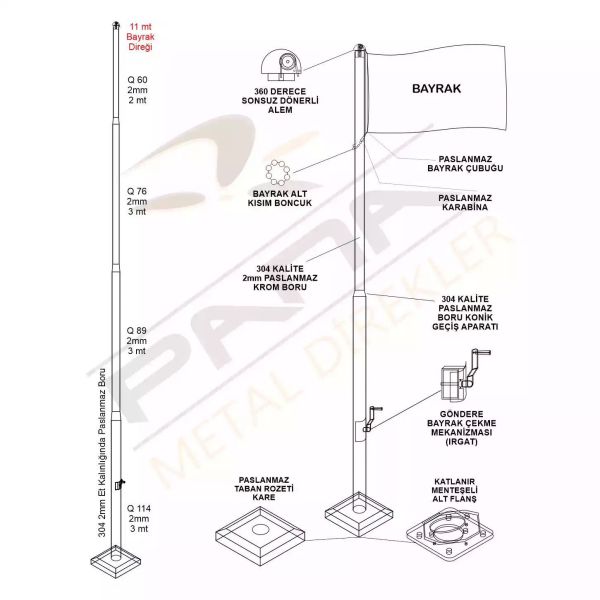 11 metre bayrak diregi teknik cizimi