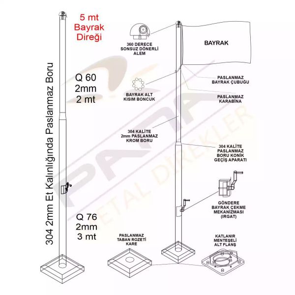 5 metre bayrak diregi teknik cizimi