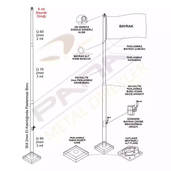 8 metre bayrak diregi teknik cizimi