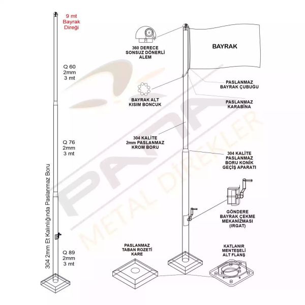 9 metre bayrak diregi teknik cizimi