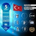 5 Metre İnox 304 Kalite Paslanmaz Krom Çelik Standart Bayrak Direği