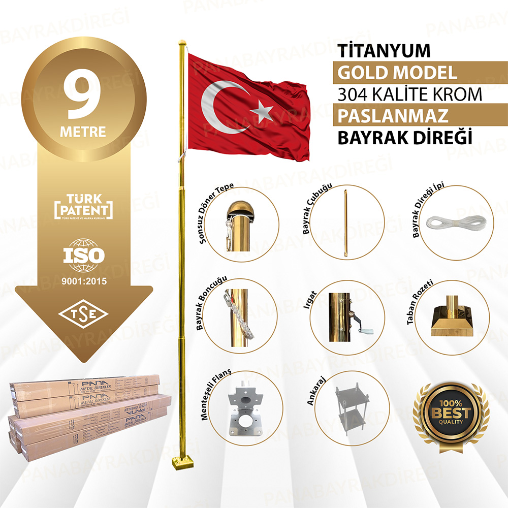 9 Metre Paslanmaz Titanyum Gold Bayrak Direği 1 9 Metre Paslanmaz Titanyum Gold Bayrak Direği