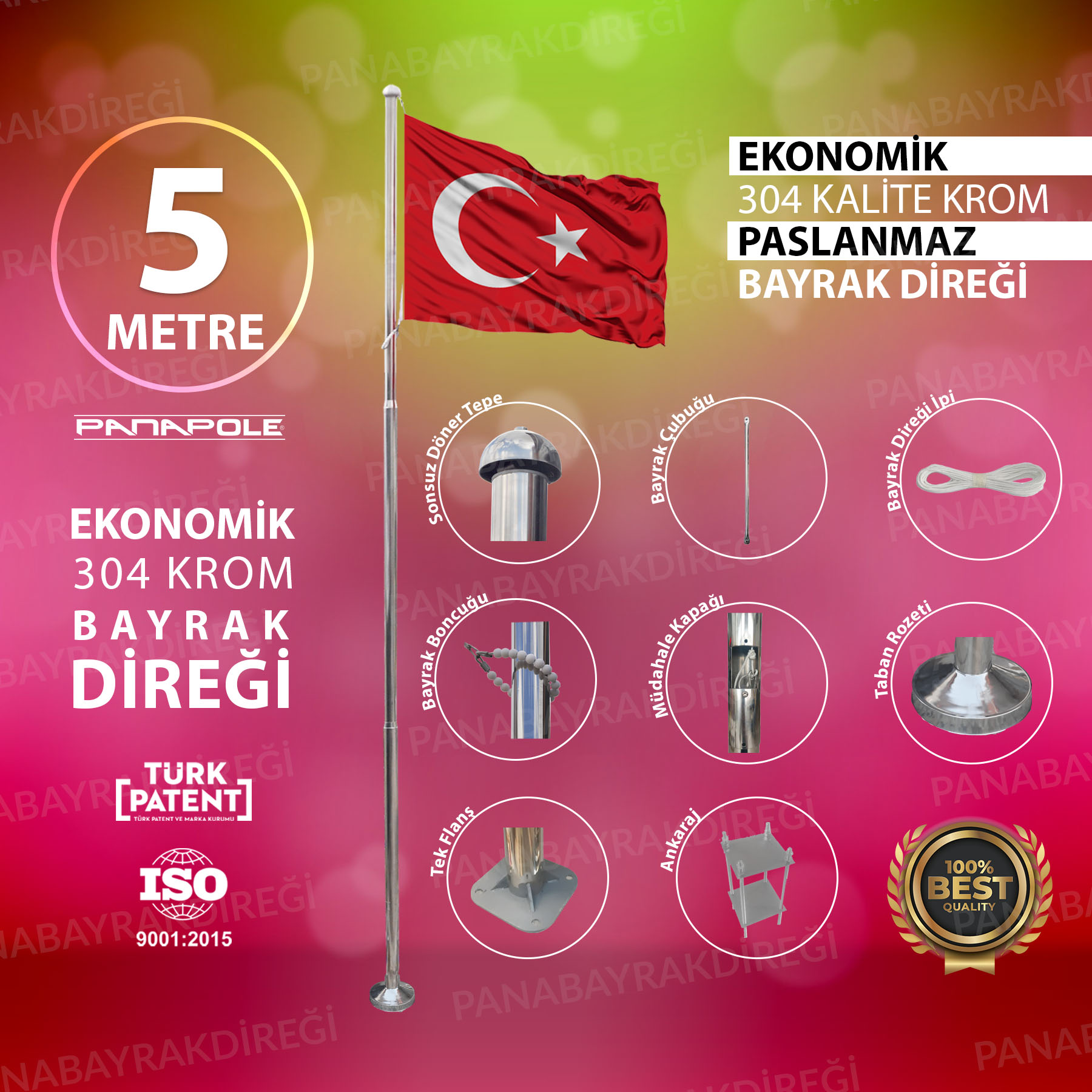 5 Metre Paslanmaz Krom Ekonomik Bayrak Direği 1 5 Metre Paslanmaz Krom Ekonomik Bayrak Direği