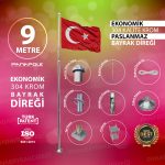 9 Metre İnox 304 Kalite Paslanmaz Krom Çelik Ekonomik Bayrak Direği